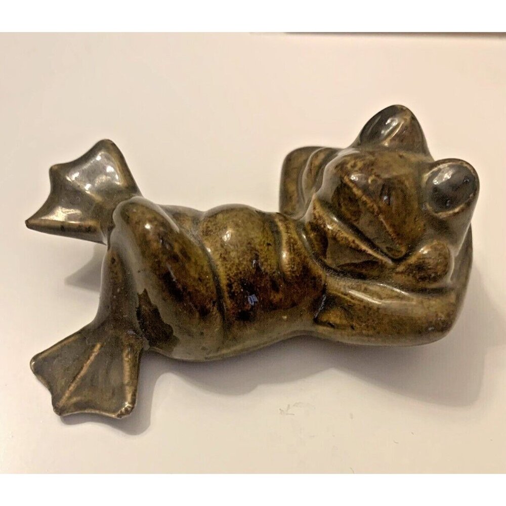 Vintage Ceramic Green Frog ~ 1975 Duncan Ceramic Products ~ Lounging Figurine